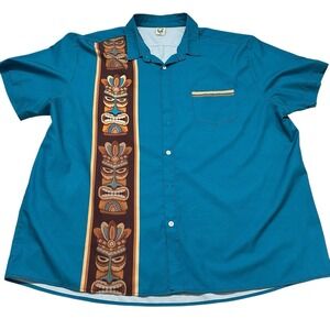 Hardaddy Tiki Shirt 3XL Teal Hawaiian Retro Button Up‎ Short Sleeve